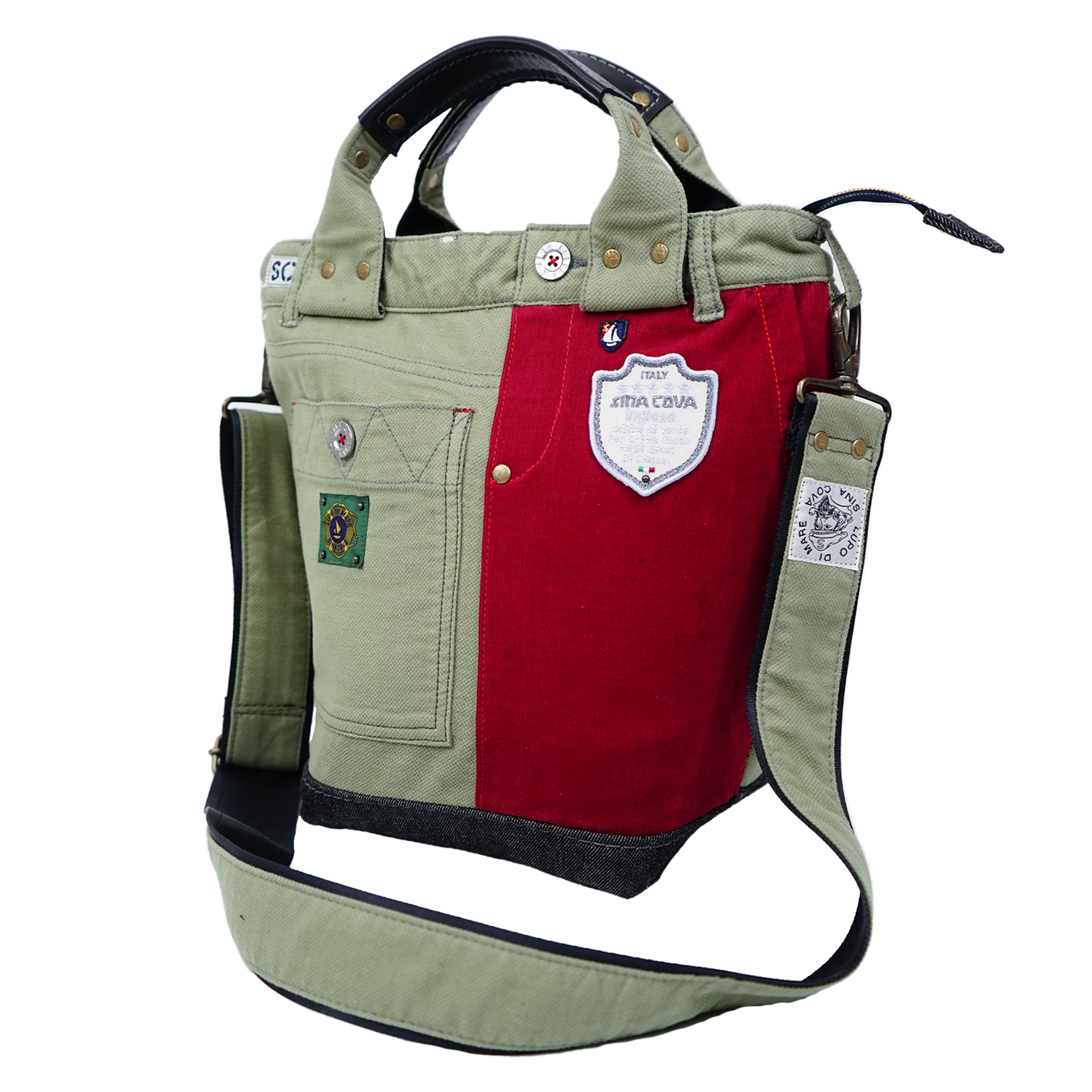 【一点物】軍物 トートバッグ リメイク カーキ 一点もの】リメイクトートバック カーキ×レッド 10070126